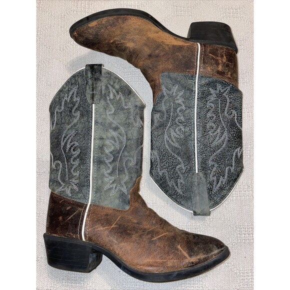 Old West Western Boots Womens Size 6.5 Medium Brown Gray Leather Pull On Cowgirl - Picture 1 of 12